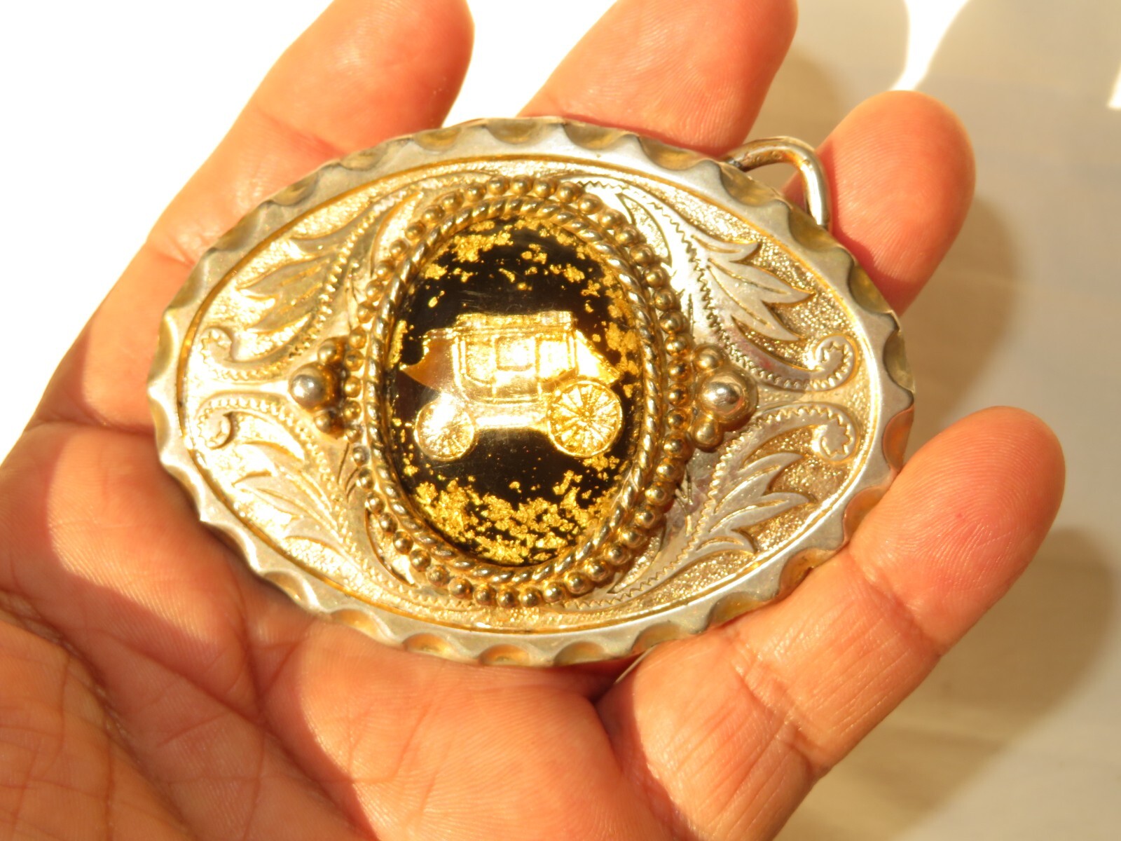 Belt Buckle Western Style Gold Tone Oval Stage Coach Gold Flake Inlaid Vintage