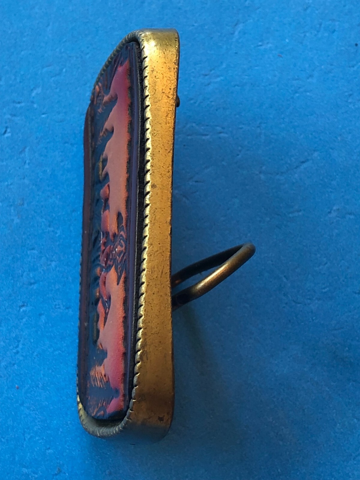 Vintage Made in USA Tooled Leather & Metal Deer Hunting Woods Sunset Belt Buckle