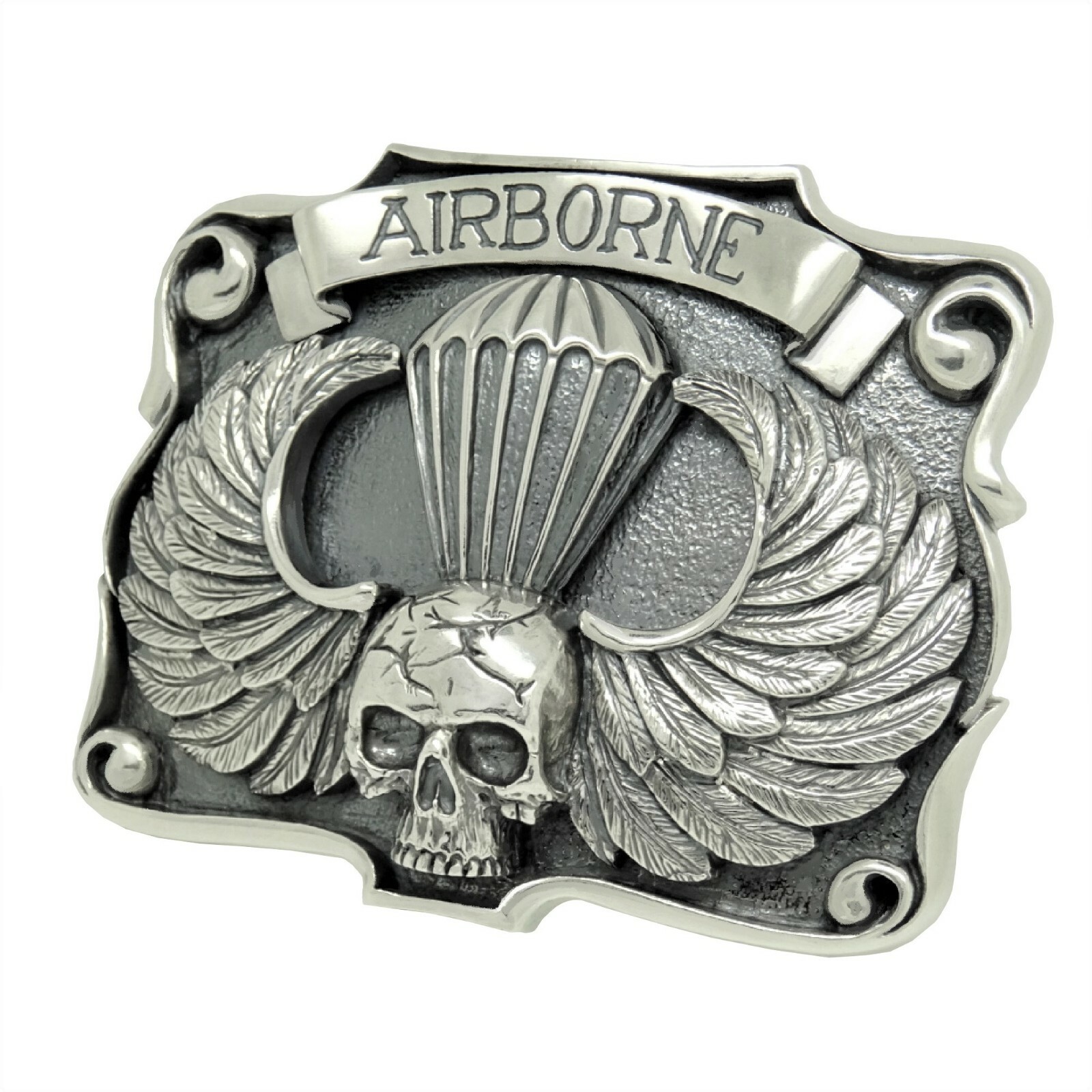 Airborne Sterling Silver 925 Skull Belt Buckle US Army Ranger Parachutist