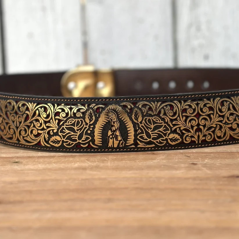 Genuine Laser Cut Leather Virgen Western Belt with Removable Buckle – Gold
