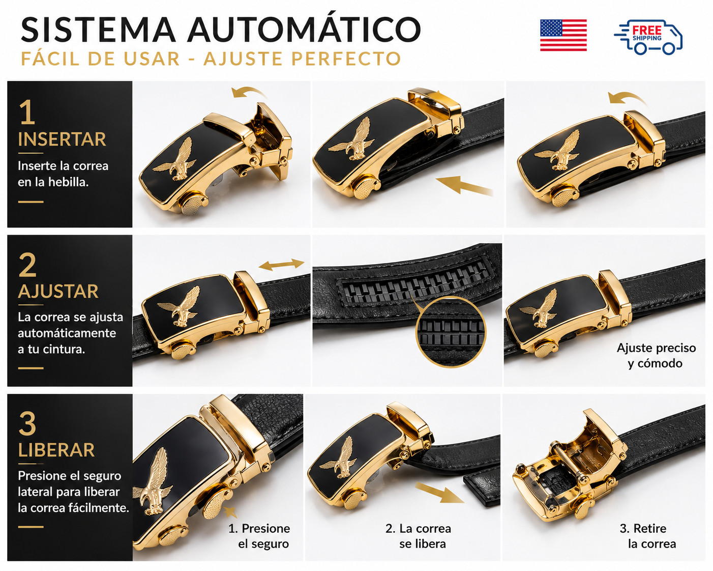 Men Eagle Buckle Belt Automatic Ratchet PU Leather Adjustable Black