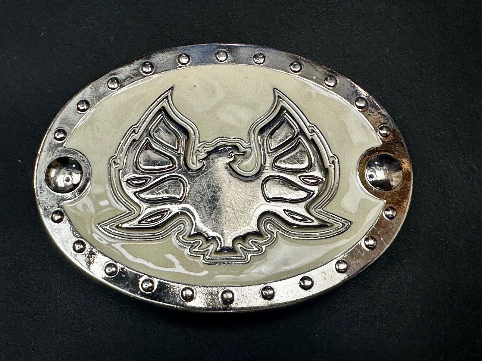 Thunderbird Eagle? Cream Color Enamel Studded Oval Silver Tone Belt Buckle