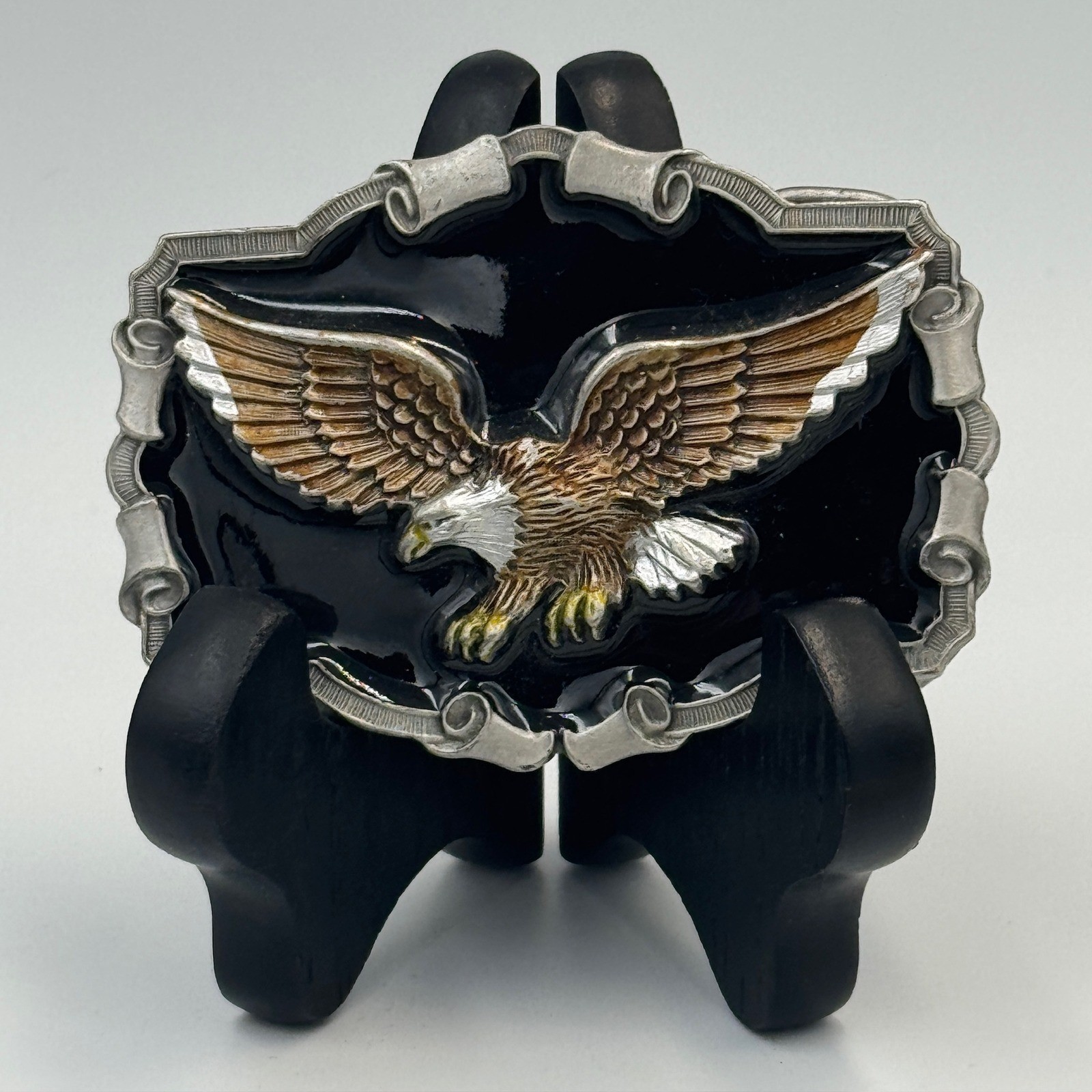 Bald Eagle Belt Buckle Western Americana Black Enamel Silver Tone