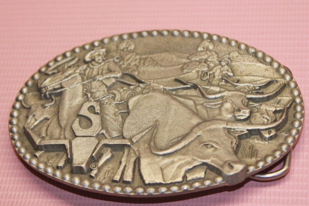 SHEPLERS PEWTER BELT BUCKLE COUNTRY WESTERN LONG HORN STEER THEMED
