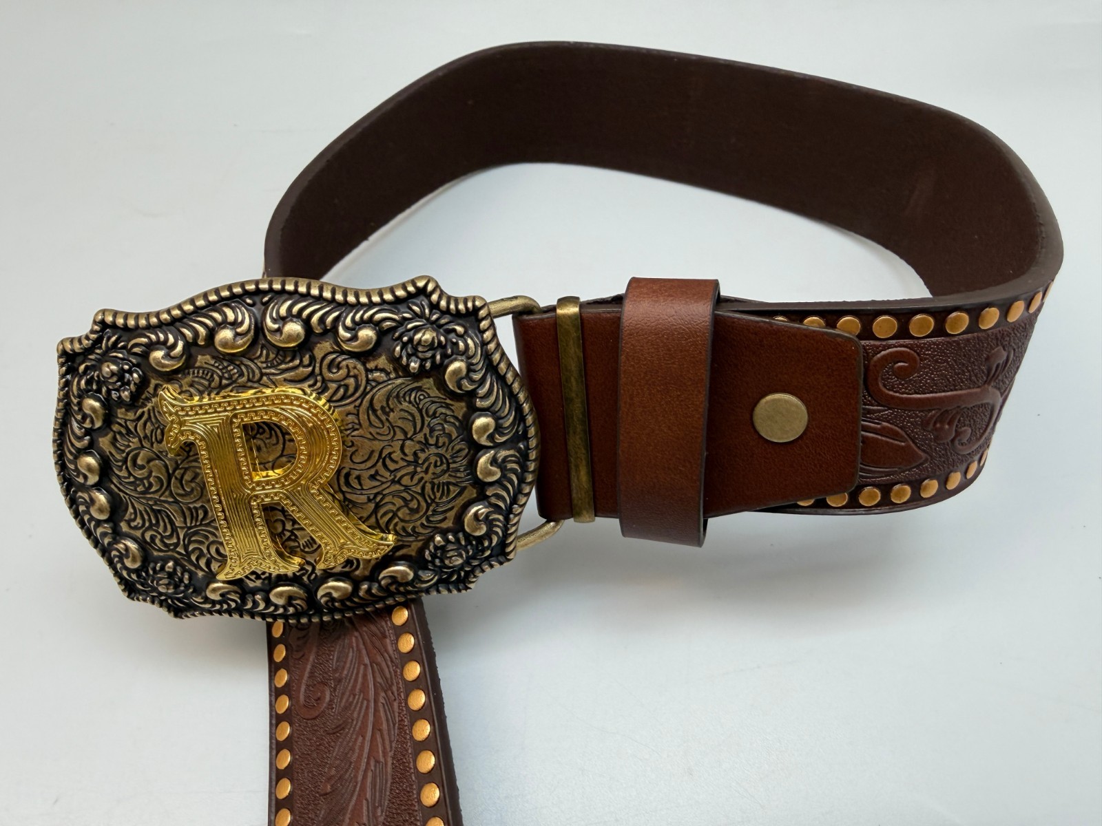 Antiqued Silver Letter Initial R Gold Classic Rectangle Flower Belt Buckle