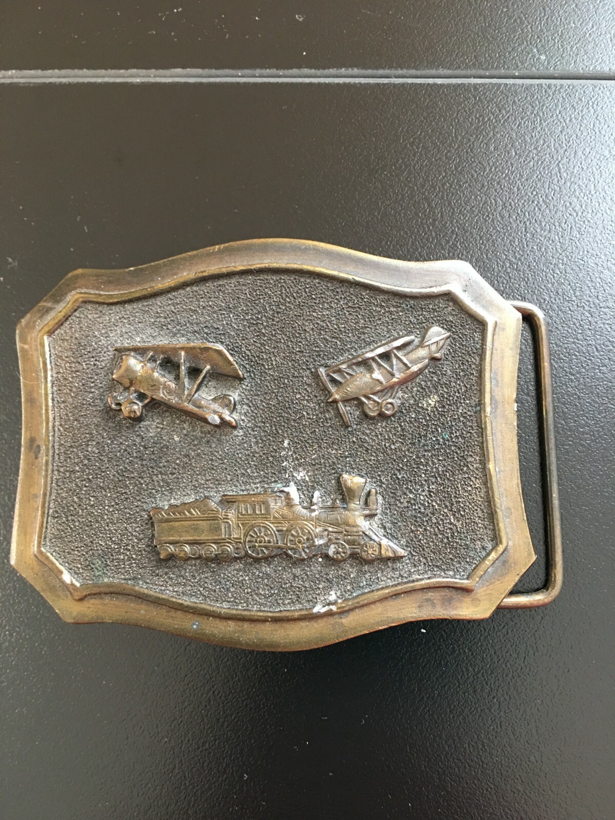 Vintage ADEZY Denver CO Solid Brass Belt Buckle Biplane Airplanes Steam Train