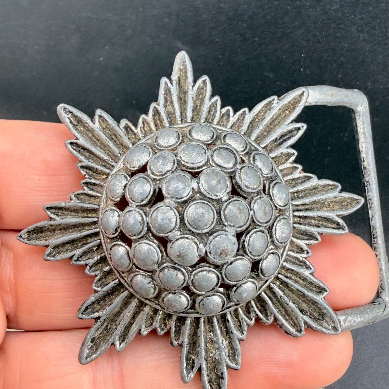 Vintage Flower Belt Buckle Atomic Silver Tone Signed Levy Bros