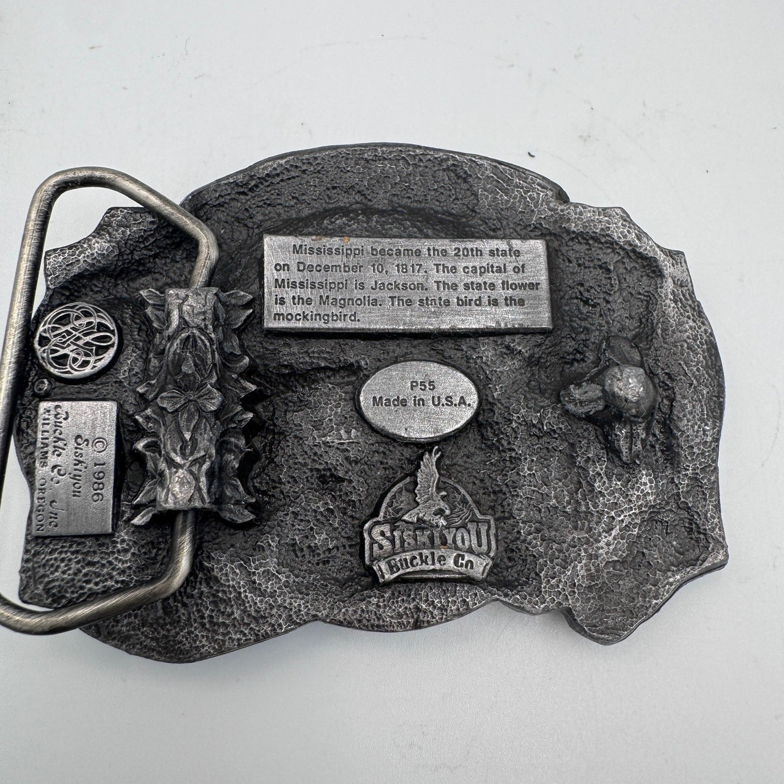 Vintage 1986 Siskiyou Mississippi Dixie Belt Buckle P55 Made in USA Pewter Tone