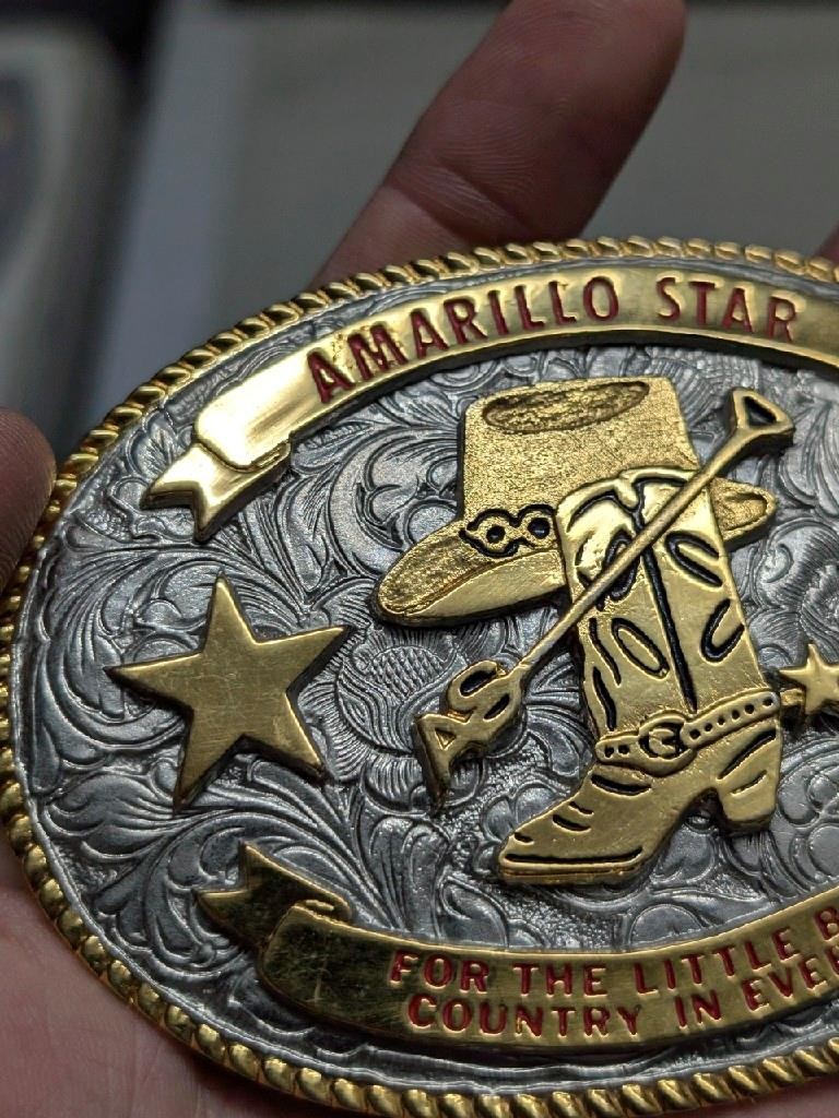 vintage WESTERN belt buckle AMARILLO STAR creative casting COWBOY rodeo ENGRAVED
