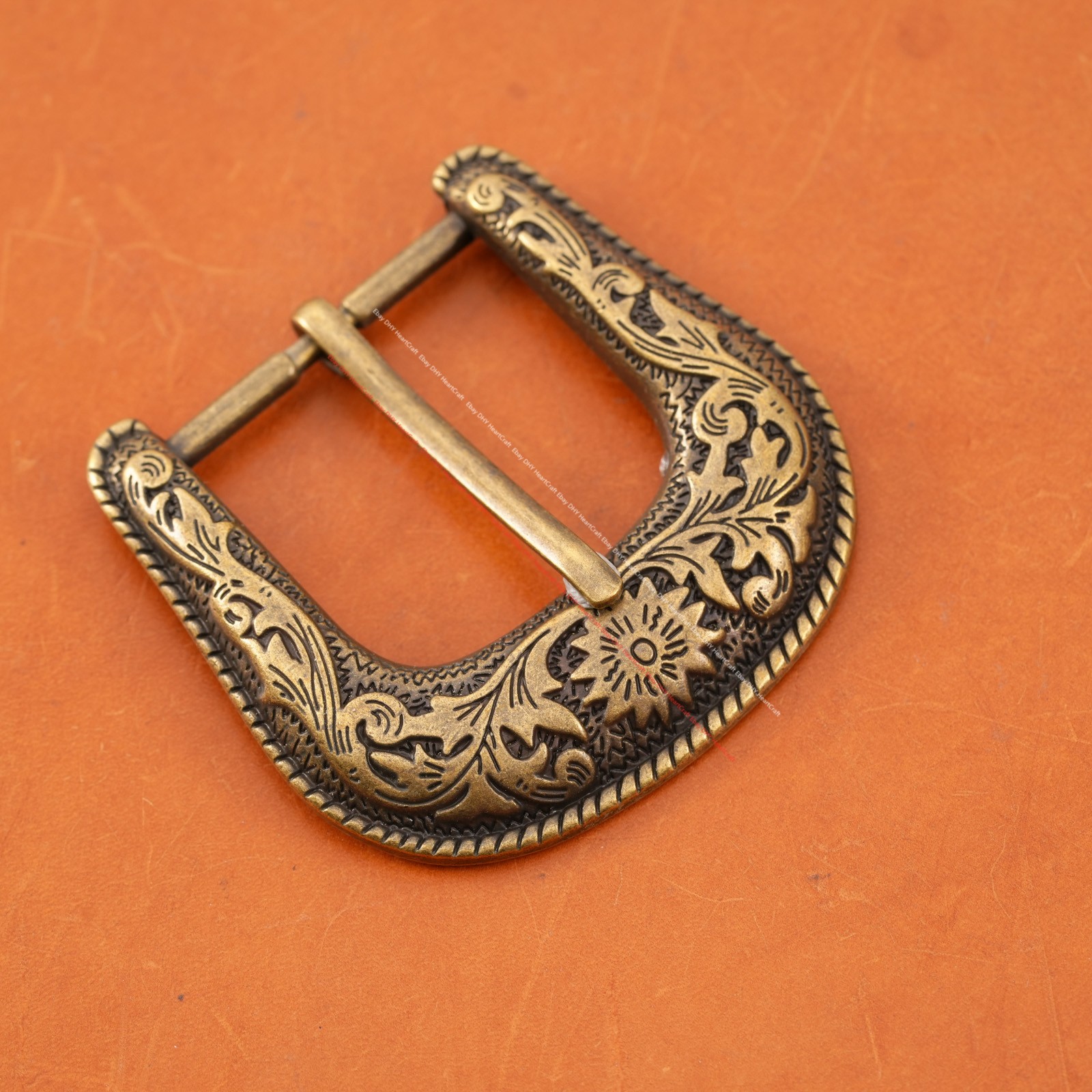 Western Belt Buckle Three Piece Set Antique Brass Floral Design Unisex 1 1/2&Prime;