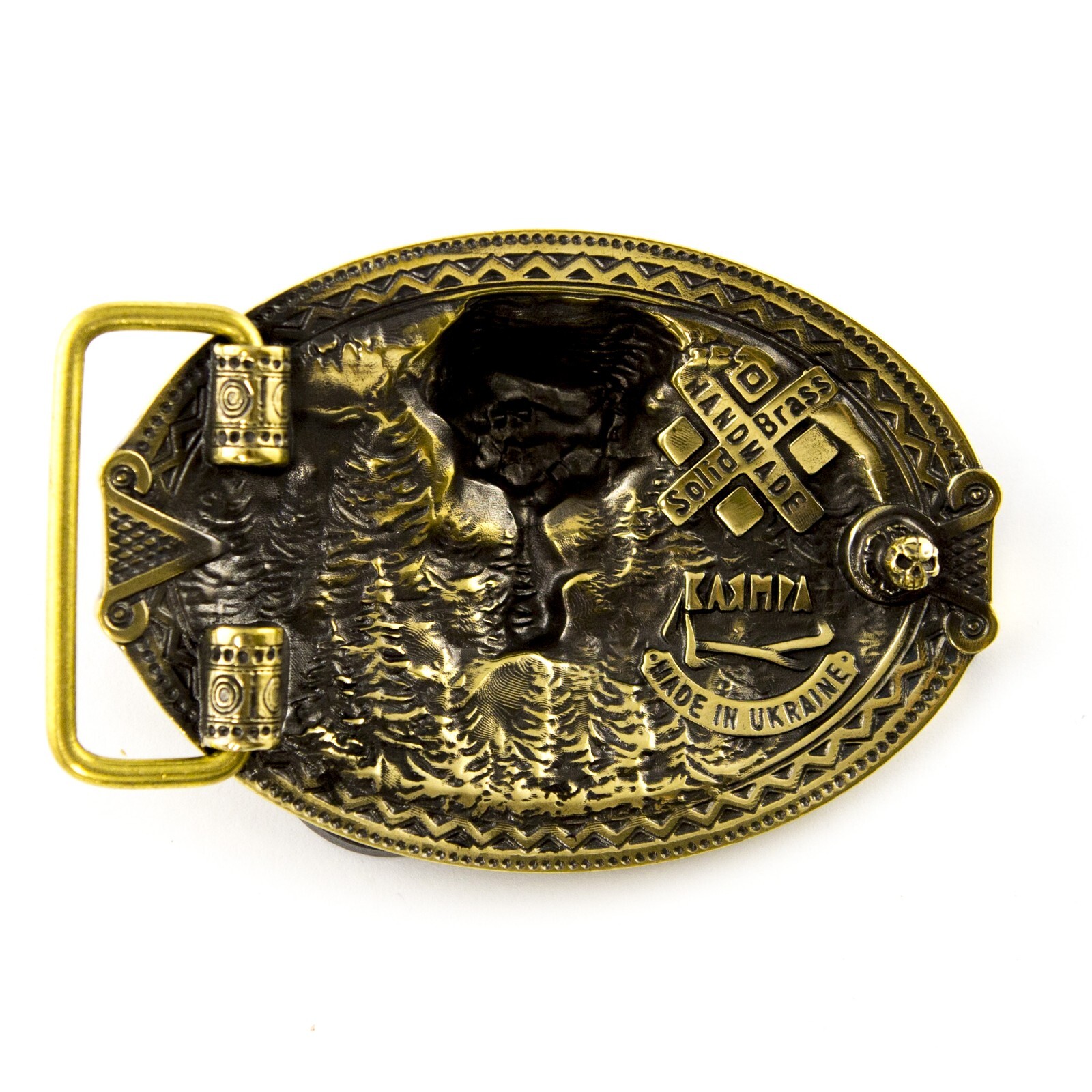 Brass belt buckle « 3D Klamra », Skull buckle, Ukrainian Molfar, Logo Klamra