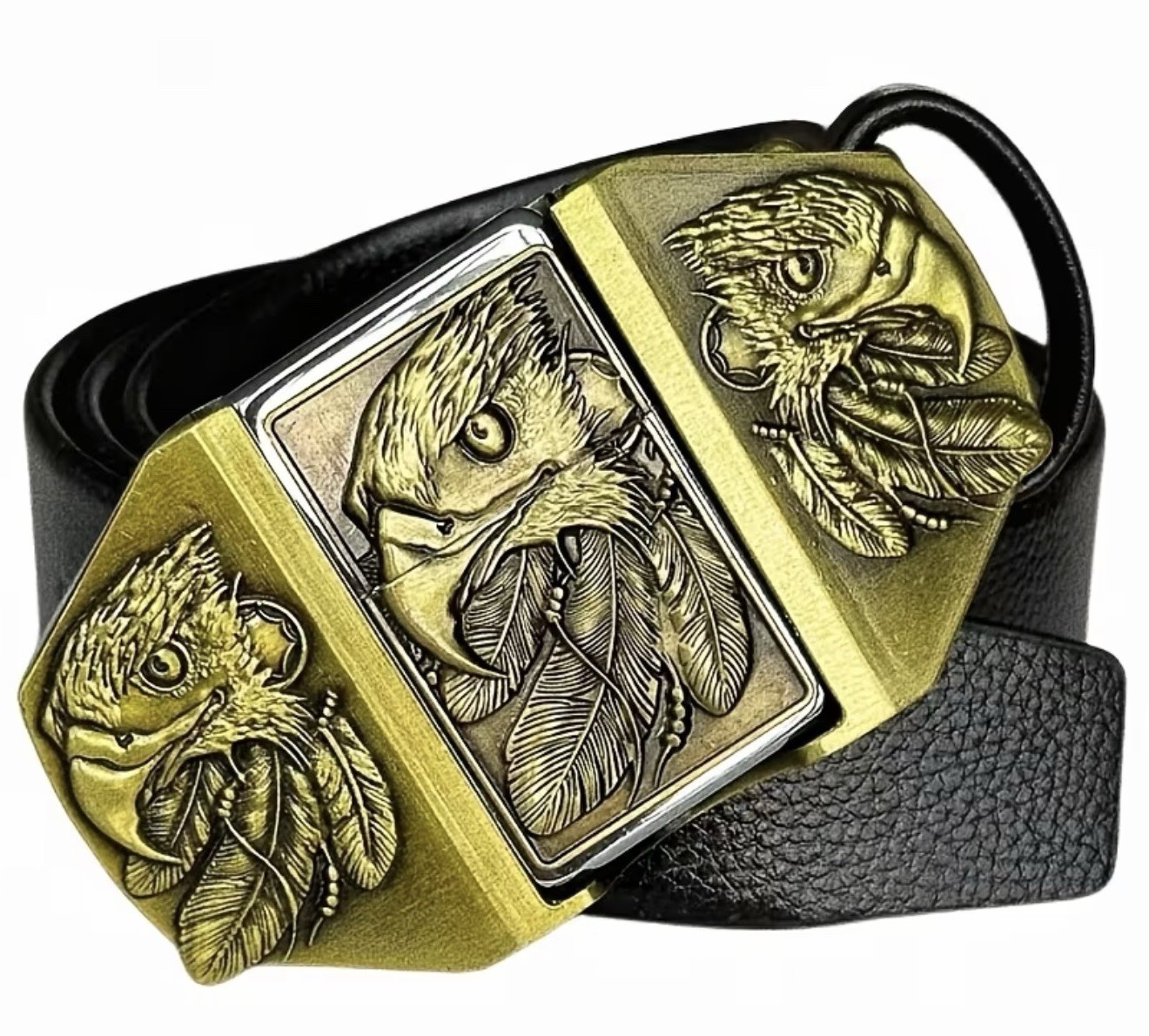 EAGLE BELT BUCKLE WITH HIDDEN FLIP-LIGHTER & Faux Leather Black Belt
