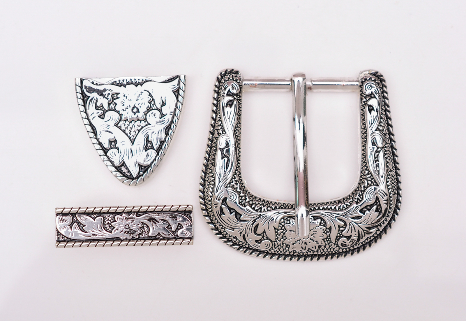 Antique Silver 2-Tone Floral Engraved Belt Pin Buckle Set Fit 30mm Wide Straps