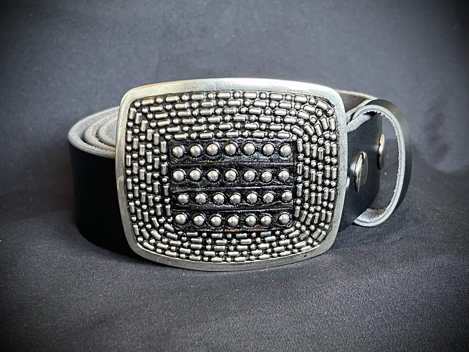 “Shield”Belt Buckle Archive Studded Leather Inlay 2 5/8 x 3 OOAK Darren McNeese