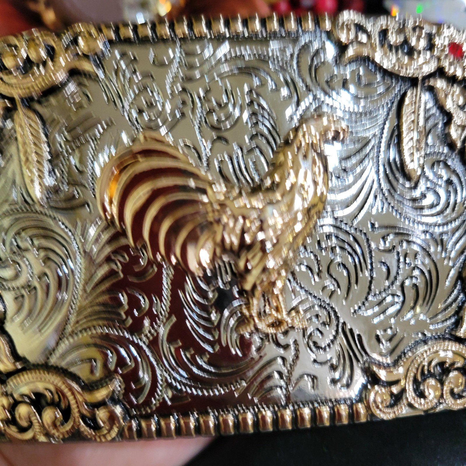 Rooster Western Belt Buckle Rose Tone And Silver Rare Piece With Red Stones