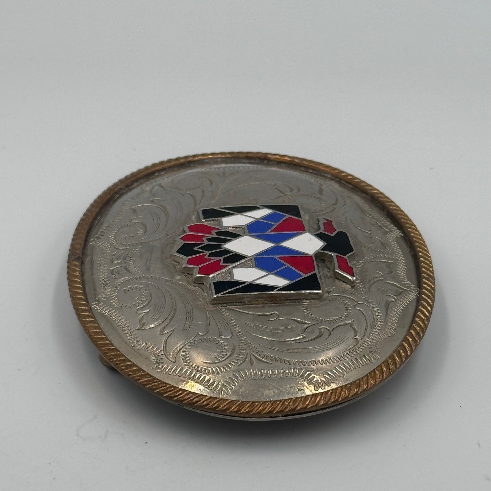 Vintage German Silver Thunderbird Belt Buckle Western Enamel Floral Engraved