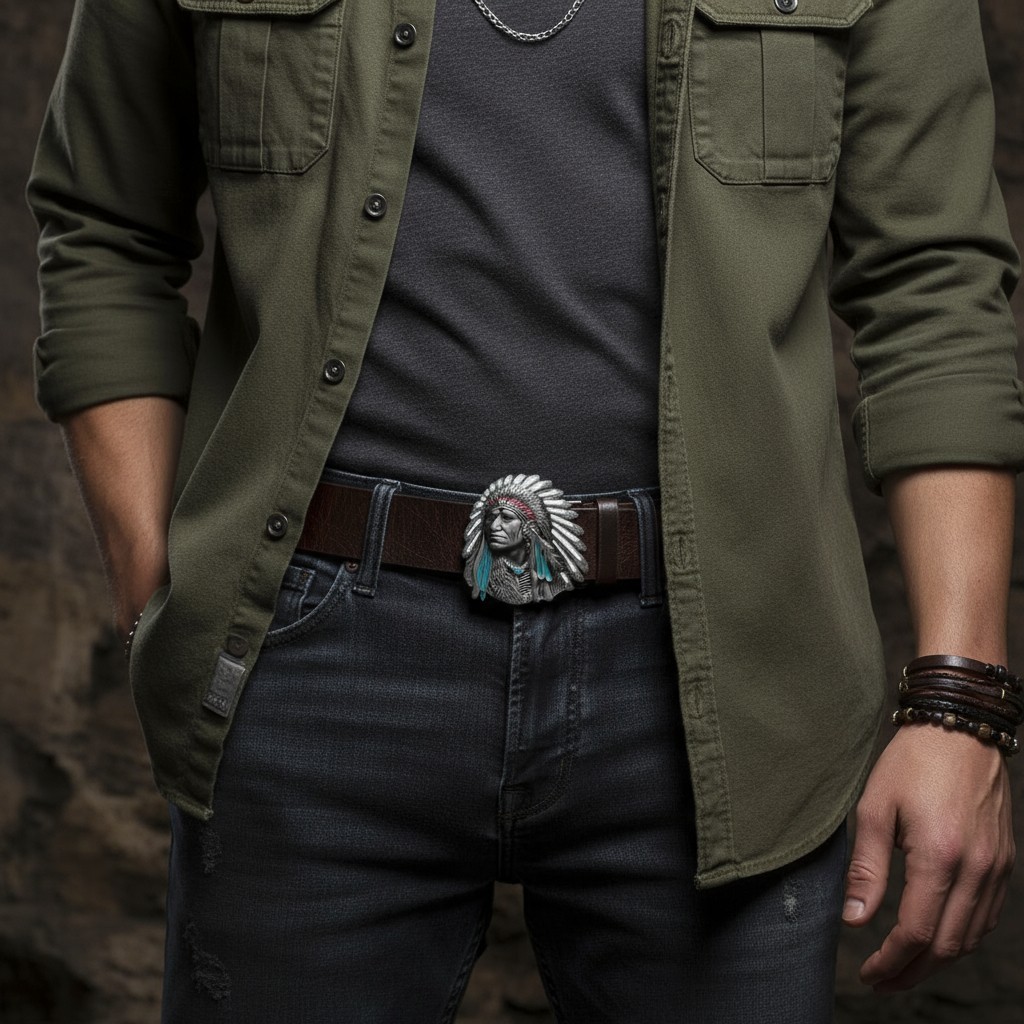 Men Silver Metal Western Fashion Belt Buckle Cowboy Native American Indian Face