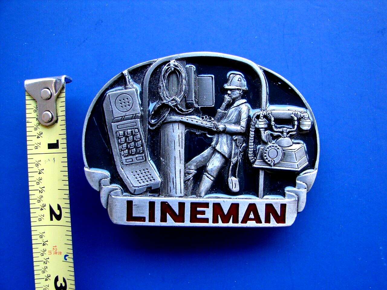 Vtg 80s Great American Belt Buckle Telephone Lineman Pewter 1983 C&J Inc