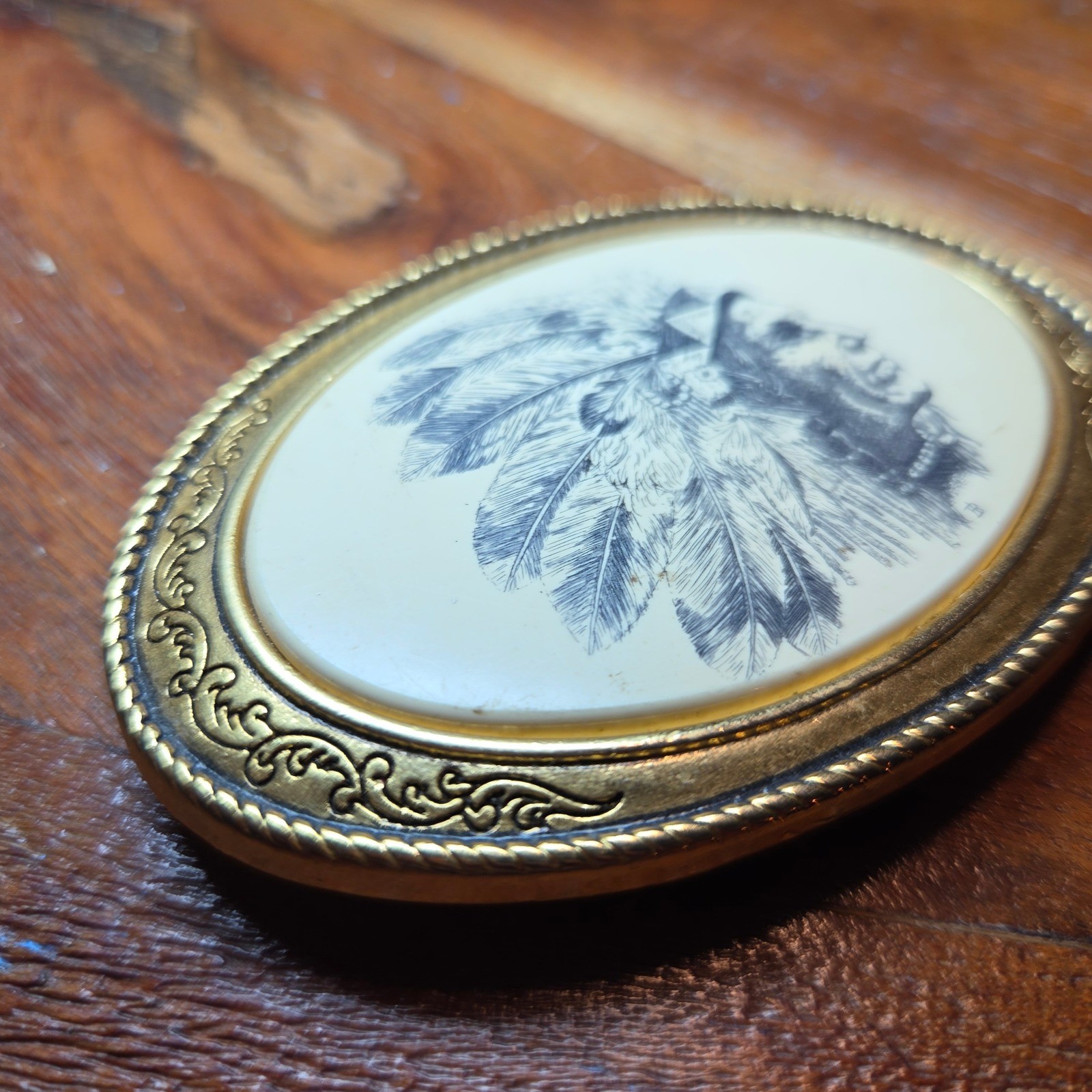 Barlow Indian Chief Belt Buckle Vintage USA Scrimshaw Style Gold Tone Oval