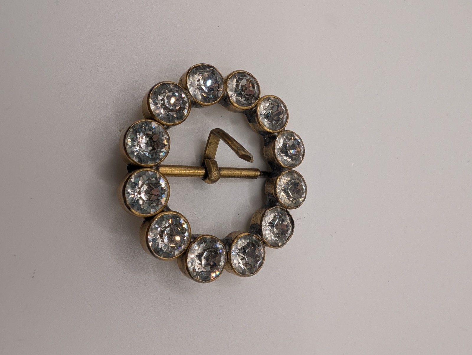 1930&rsquo;s Rhinestone Buckle Round Brass Paste Crystal Czech Style Dress Sash