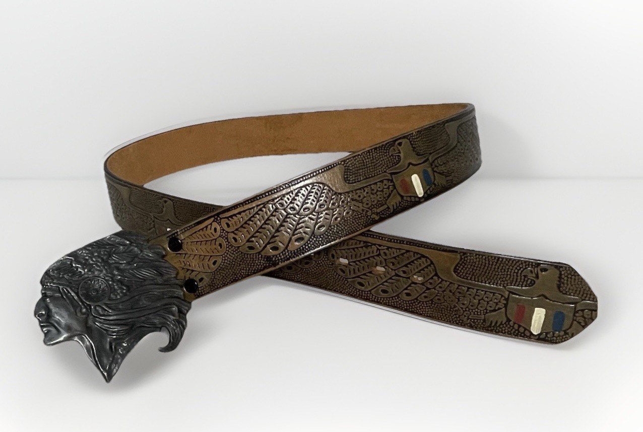 Leather Belt Embossed Eagles American Indian Belt Buckle Hand Stained Latitan