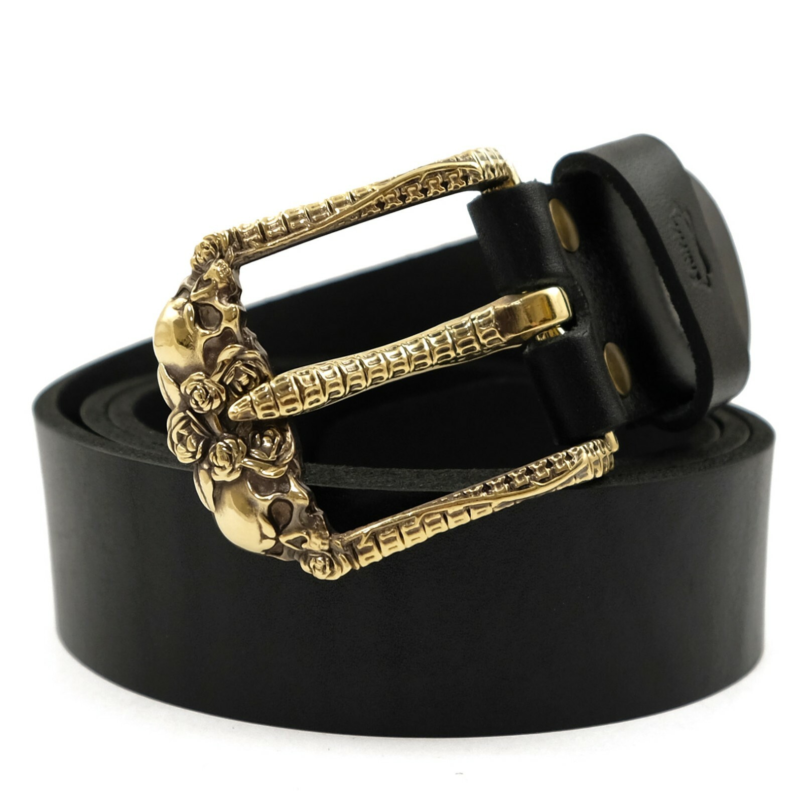 Brass belt buckle Skulls and Roses, pin type Rectangular belt buckle with skulls