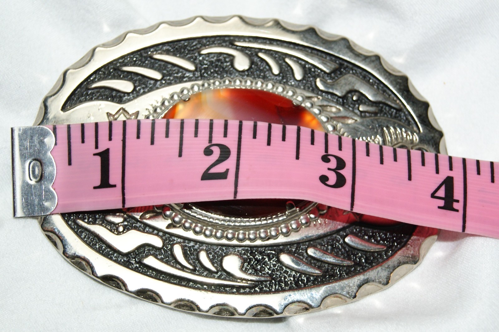 Vintage Silver Color Western Stamped Belt Buckle w/ Agate (red, orange, white)
