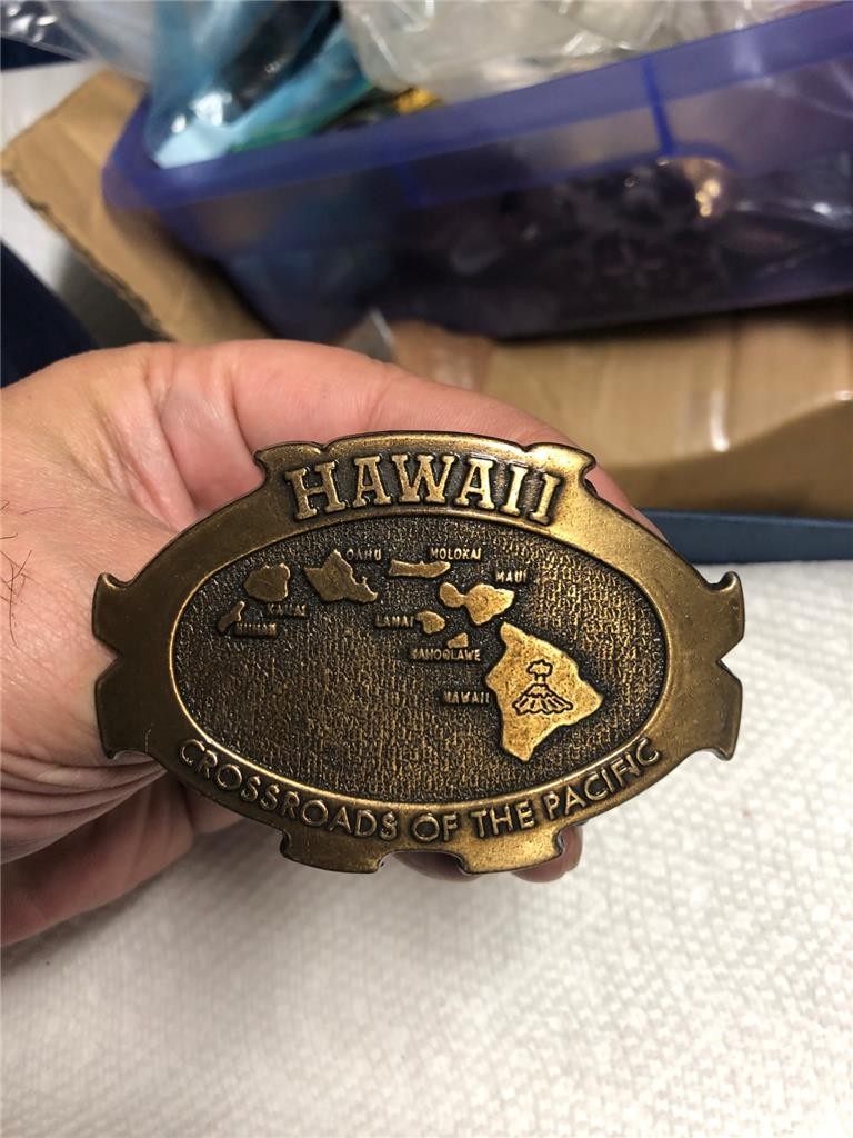 Vintage Hawaii Crossroads Of The Pacific Brass Belt Buckle