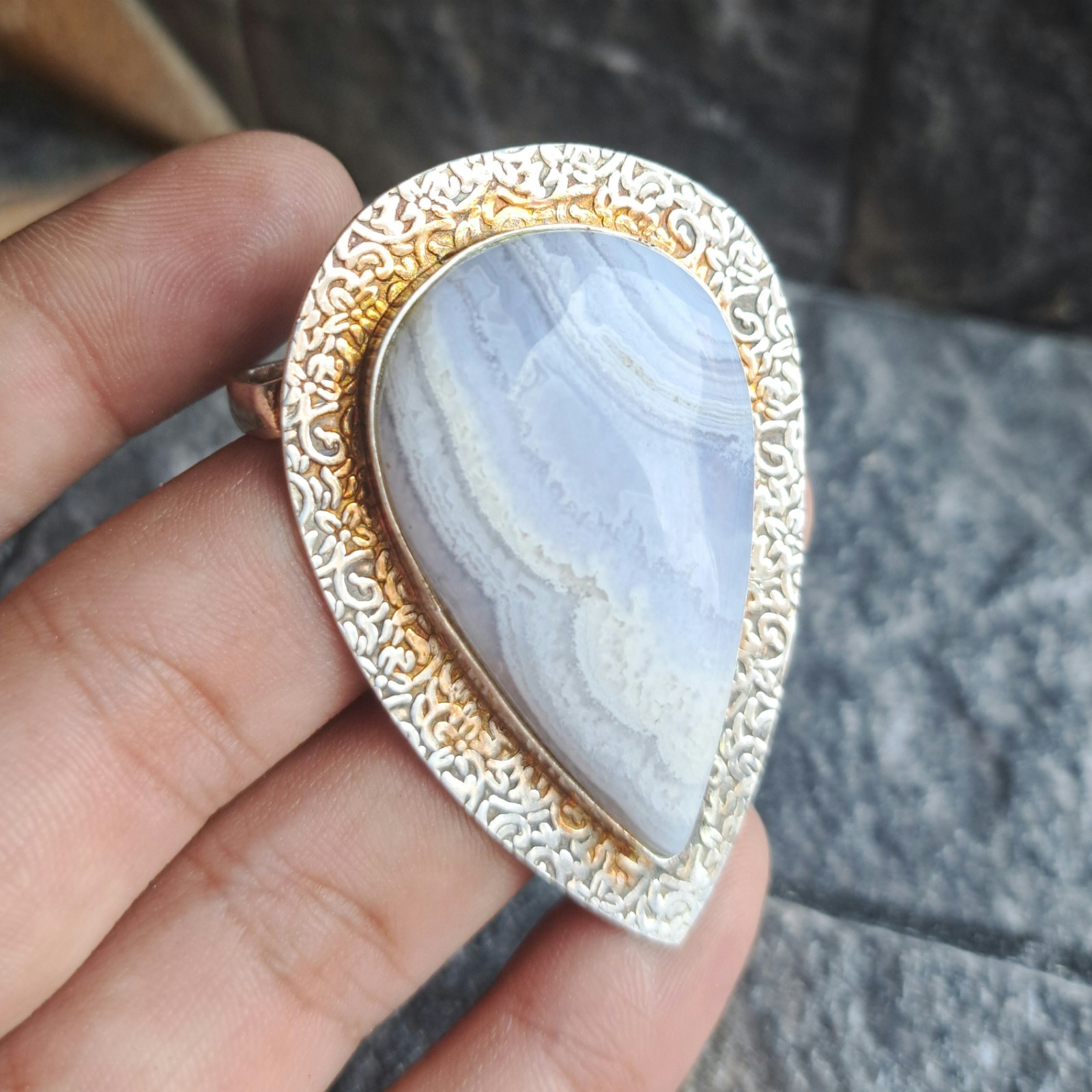 Blue Lace Agate Teardrop Silver Plated Belt Buckle Soft Lavender Banded Unisex