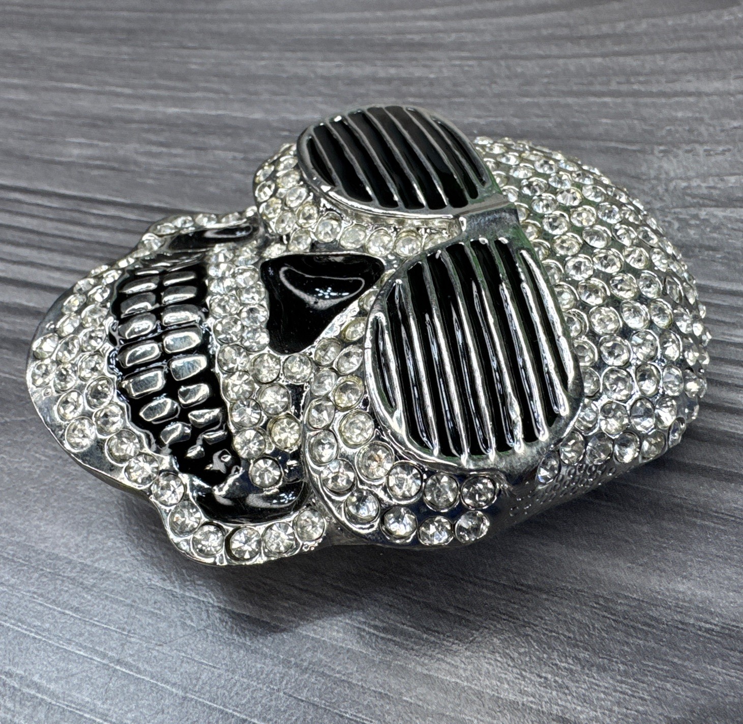 Skull Belt Buckle Wearing Sunglasses Silver Finish Clear Stone