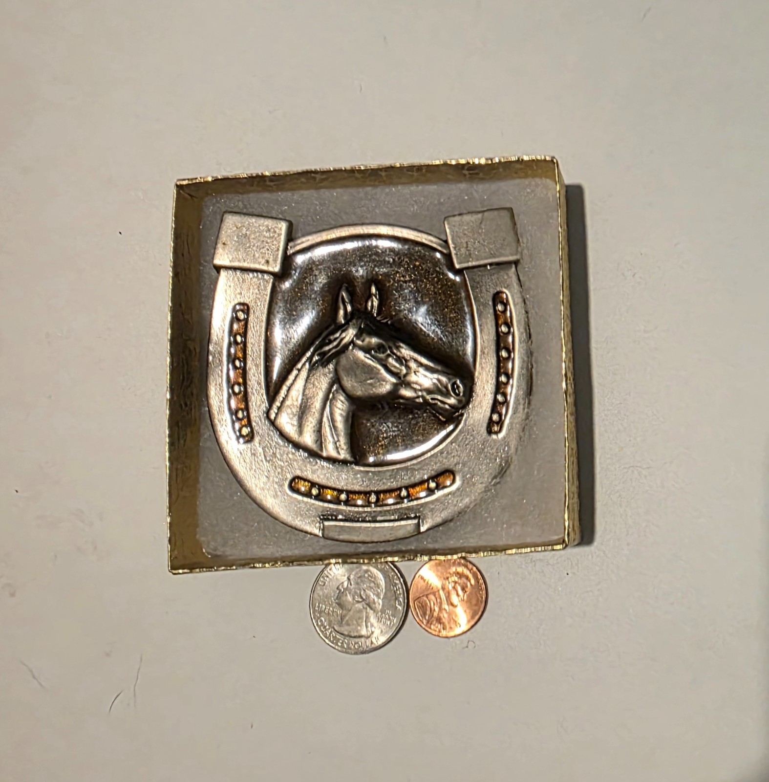 Vintage Metal Belt Buckle, Nice Horsehead and Horseshoe, Enamel, Rodeo, Nice