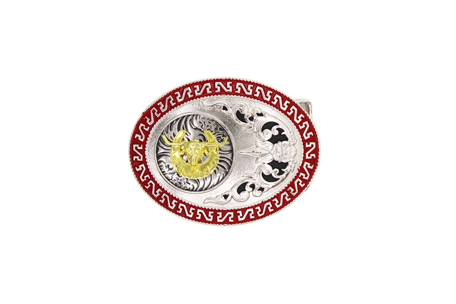 Western Buckle Gold Silver Red Longhorn Horseshoe Rodeo Bull Cowboy Fit 2 »