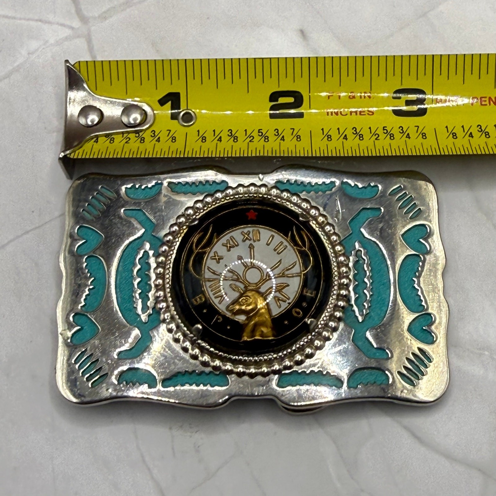 Vintage 1970s BPOE Elks Lodge Turquoise Inlay Western Belt Buckle