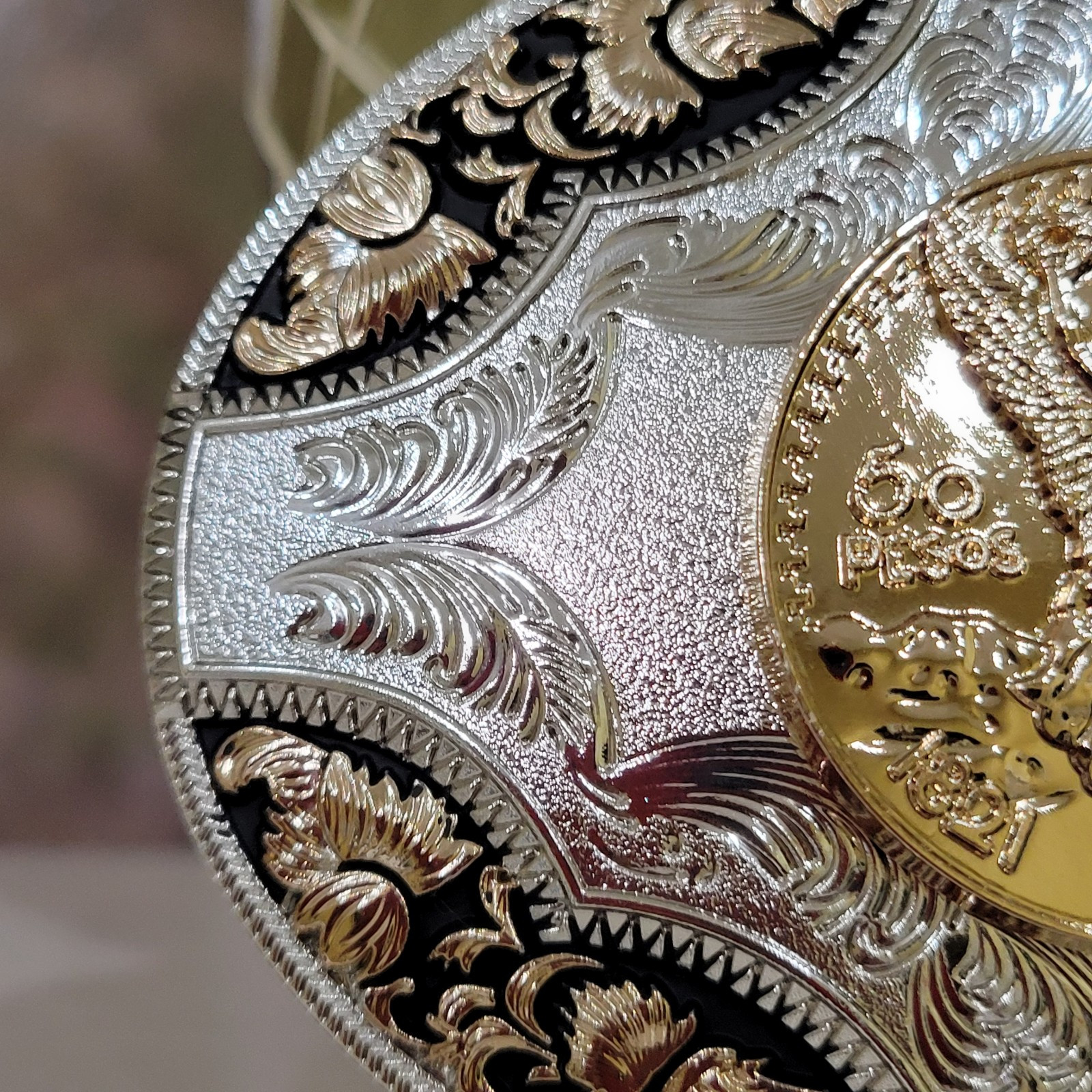 Centenario Cowboy Belt Buckle Western Hebilla Rodeo Silver Rosetone Coin Oval