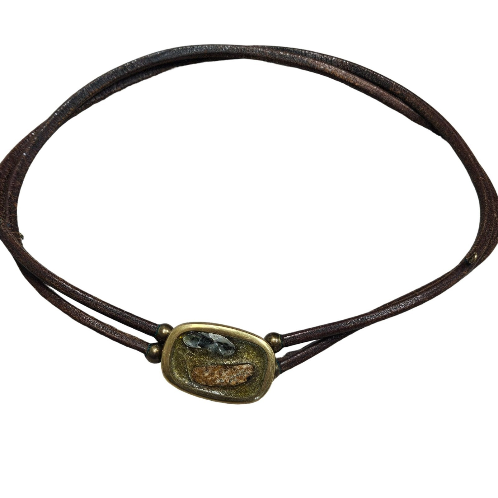 Brass Inlay Buckle Double-Layer Leather Belt Stone Accents Possibly Homemade