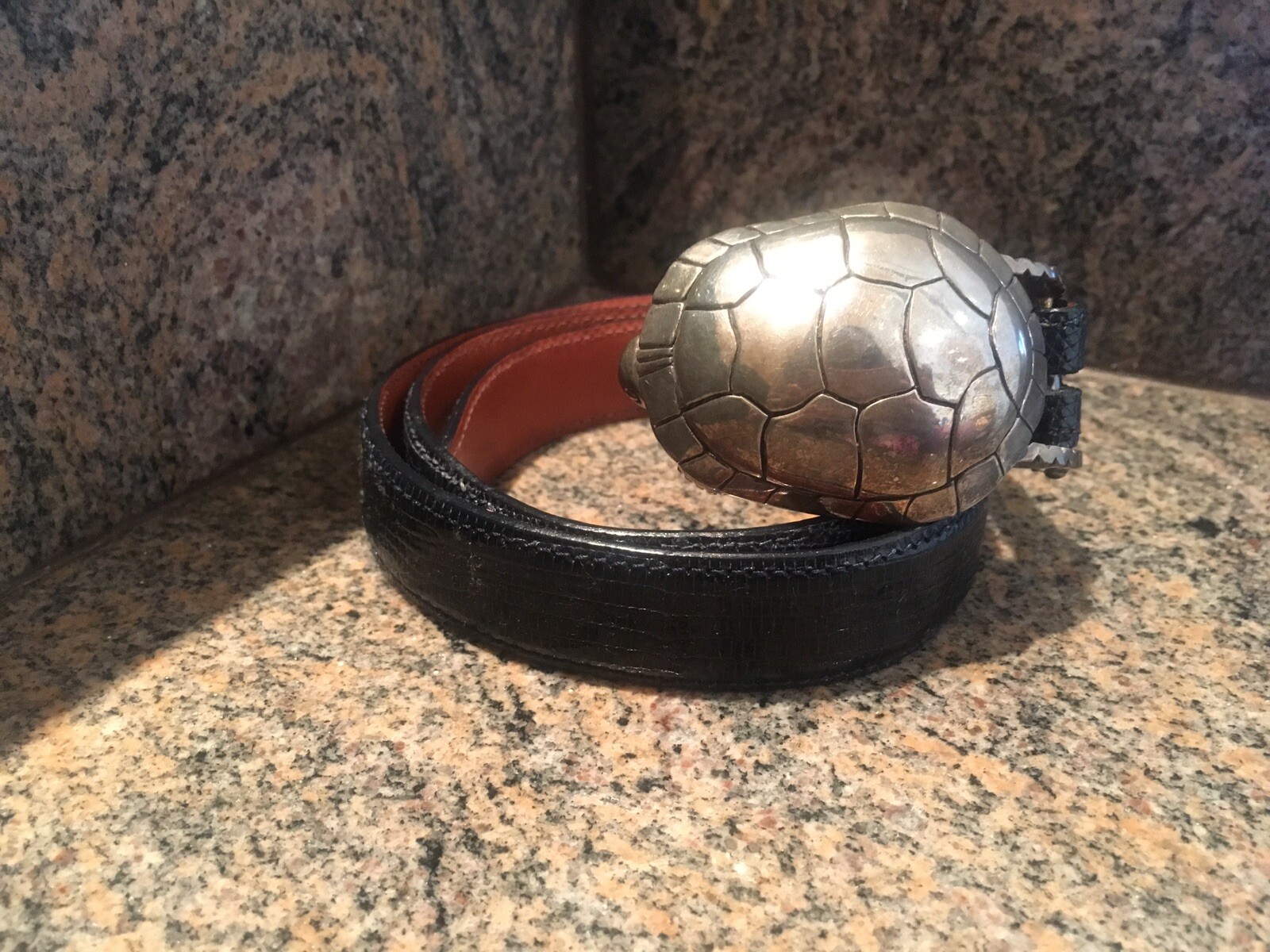 RARE!!! Kieselstein Cord Silver Turtle Buckle With Black Lizard Belt Size 2