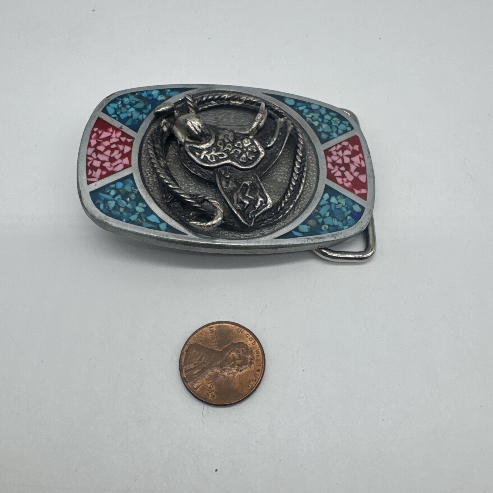 Vtg Southwest 3D Rope And Saddle Turquoise Red Coral Chip Inlaid Belt Buckle