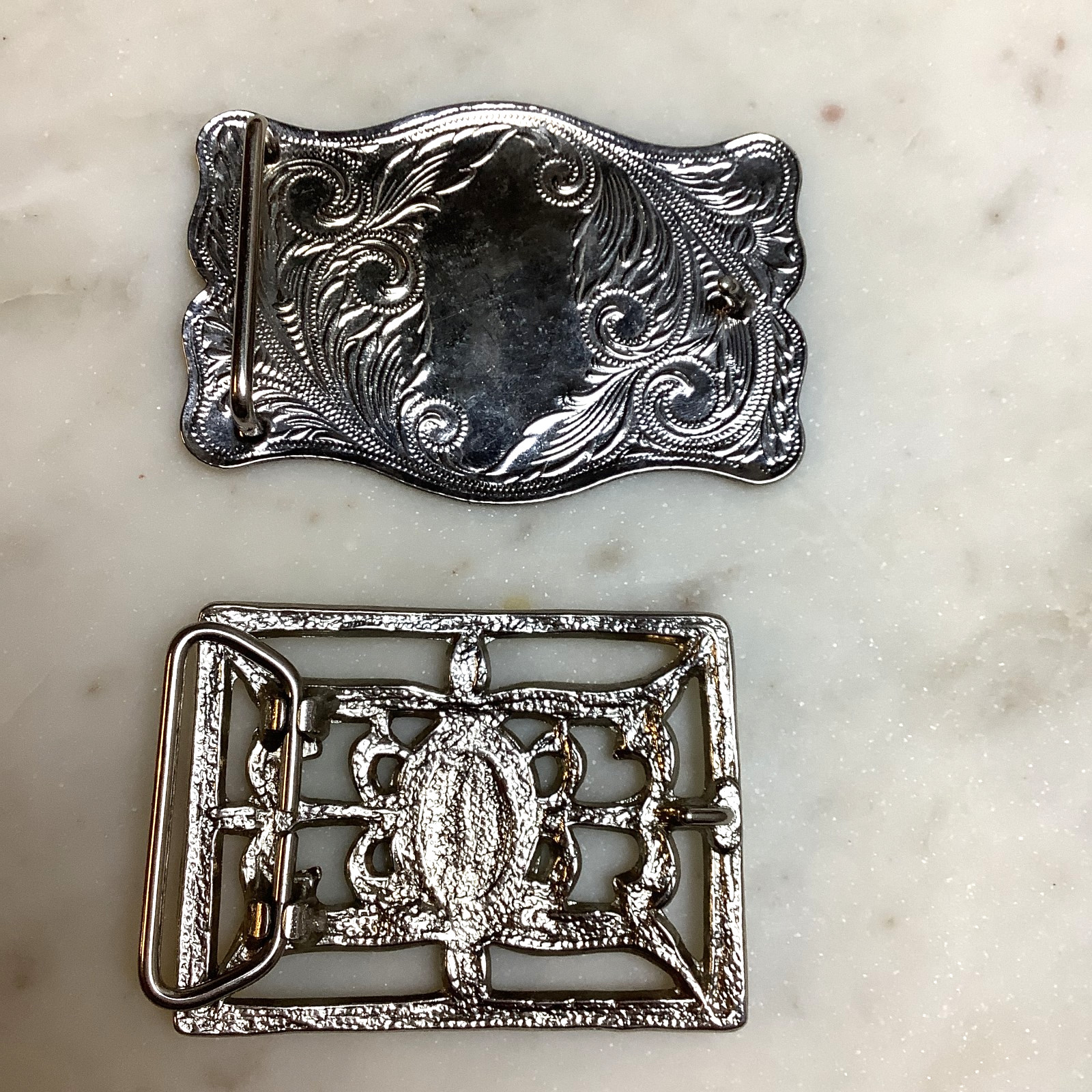 Lot of 2 Western Silver-Tone Belt Buckles Etched Southwest Buckle
