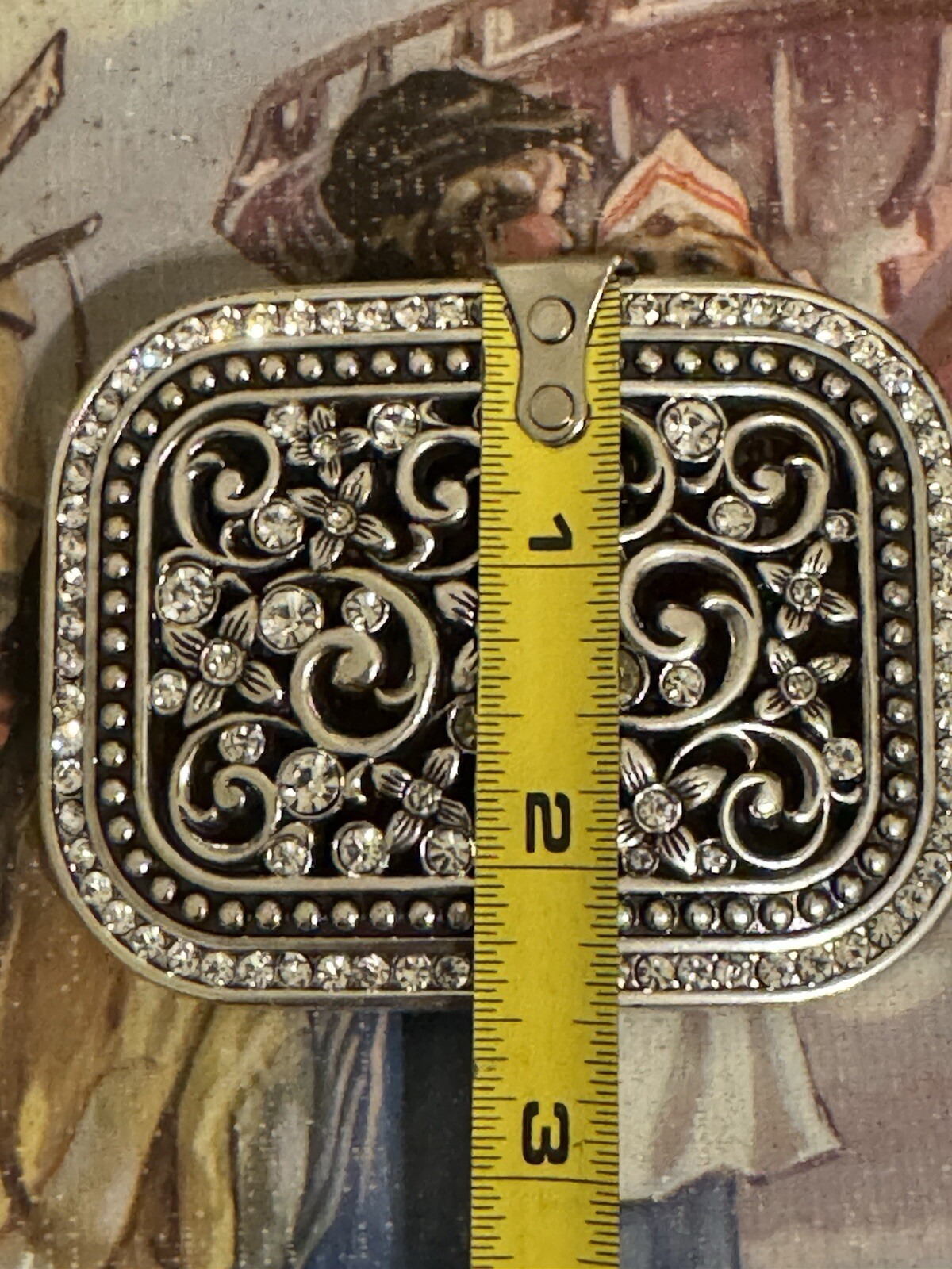 Rhinestone Belt Buckle Rectangle Floral Silver Bling Filigree Accents
