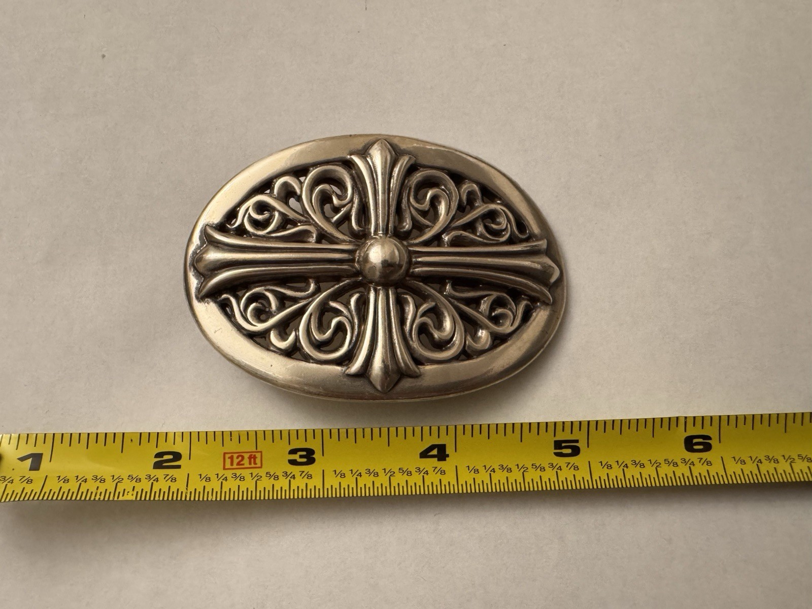 90s Silver tone Oval Cross Belt Buckle Gothic Western Solid Metal 1.5inch Buckle
