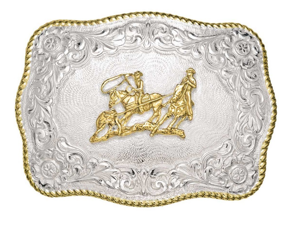 Crumrine Western Belt Buckle Rodeo Team Roper Silver Bronze C00464