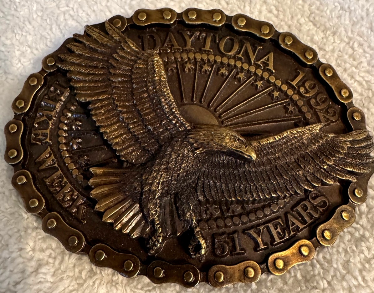 VINTAGE 1992 DAYTONA BIKE WEEK BELT BUCKLE ARTISTRY IN IRON silver or brass