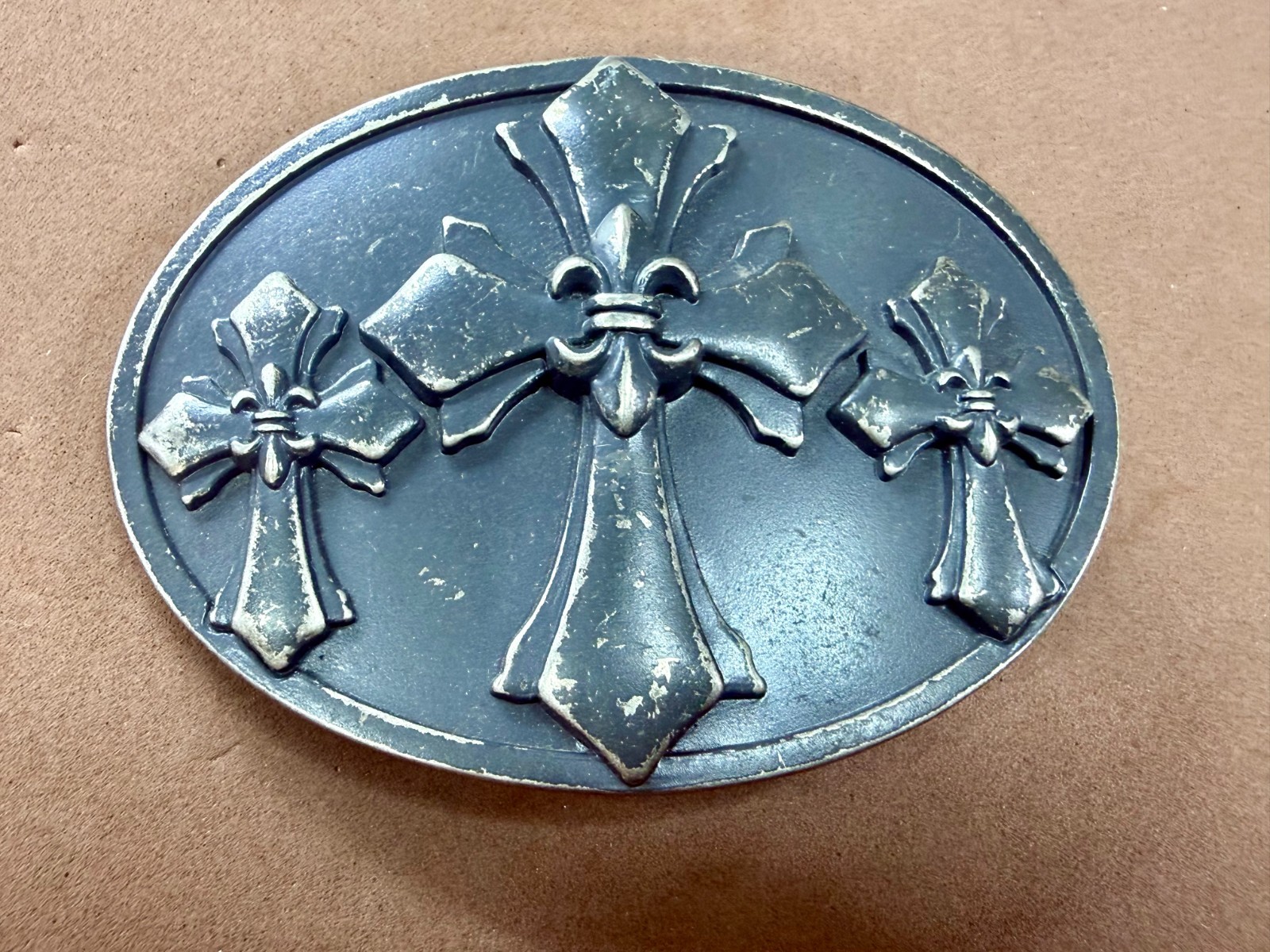 Fleur-de-lis Triple Maltese Style Three Cross Gothic Punk Biker Vibe Belt Buckle