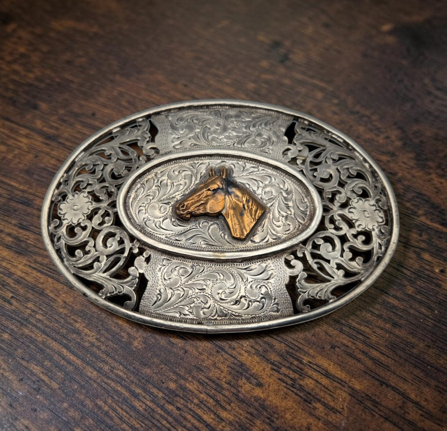 Men&rsquo;s Western Large Ornate Silver Overlay Belt Buckle With Copper Horse
