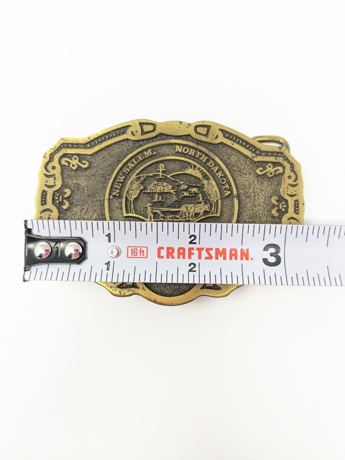 New Salem North Dakota 1883 -1983 Centennial Belt Buckle Hit Line Brass 100 Year