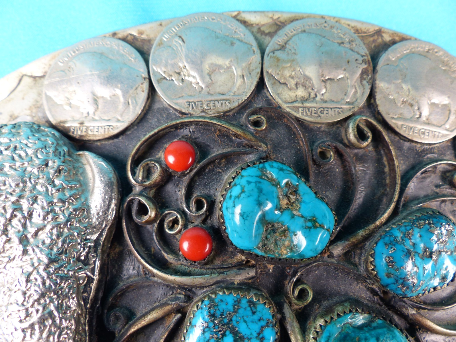Vtg 1970&rsquo;s NA Style Turquoise Coral Buffalo Nickel Silver Squaw Wrap Belt Buckle
