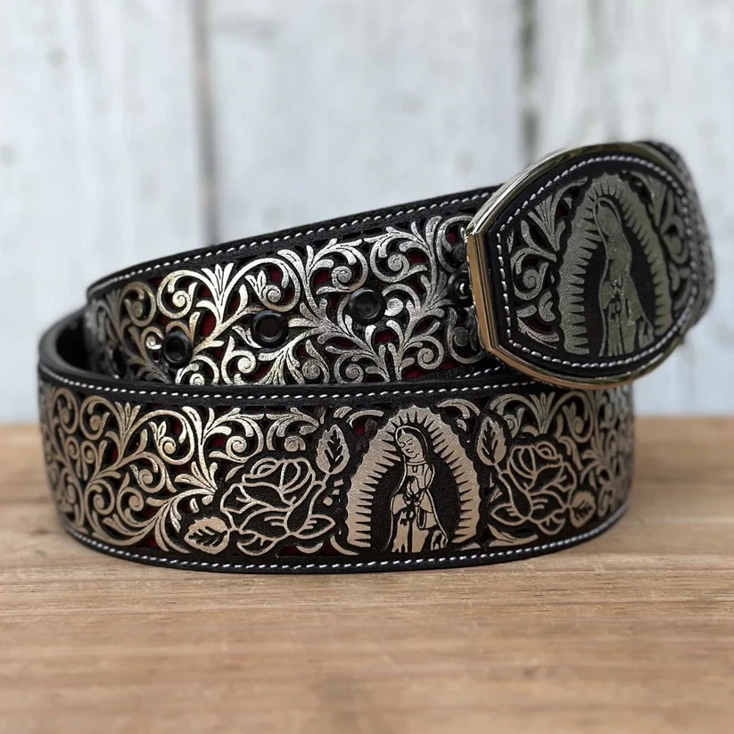 Genuine Laser Cut Leather Virgen Western Belt with Removable Buckle – Silver
