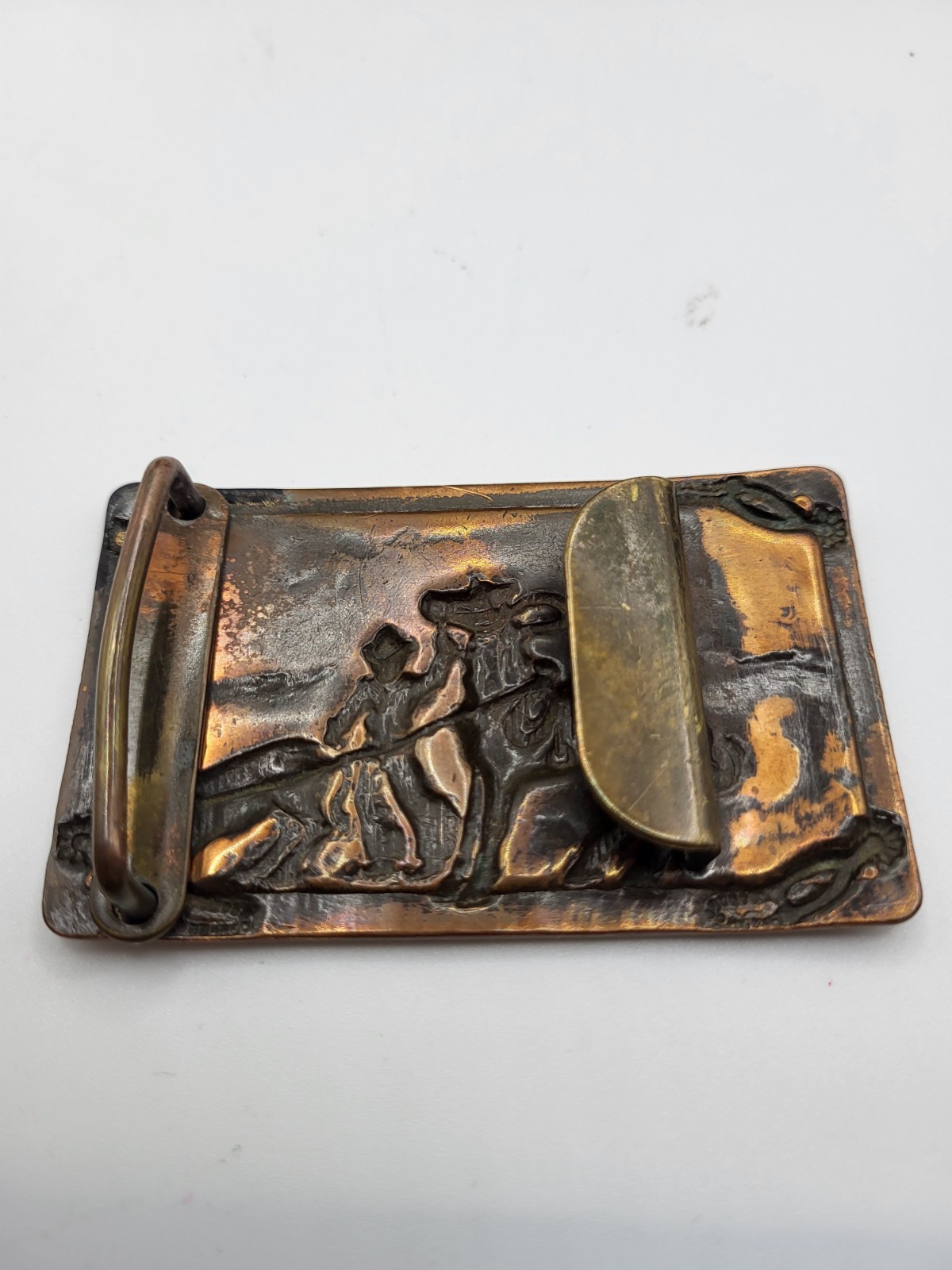 Vtg Western Belt Buckle Copper Brass Cowboy Wrangler Cattle Horse