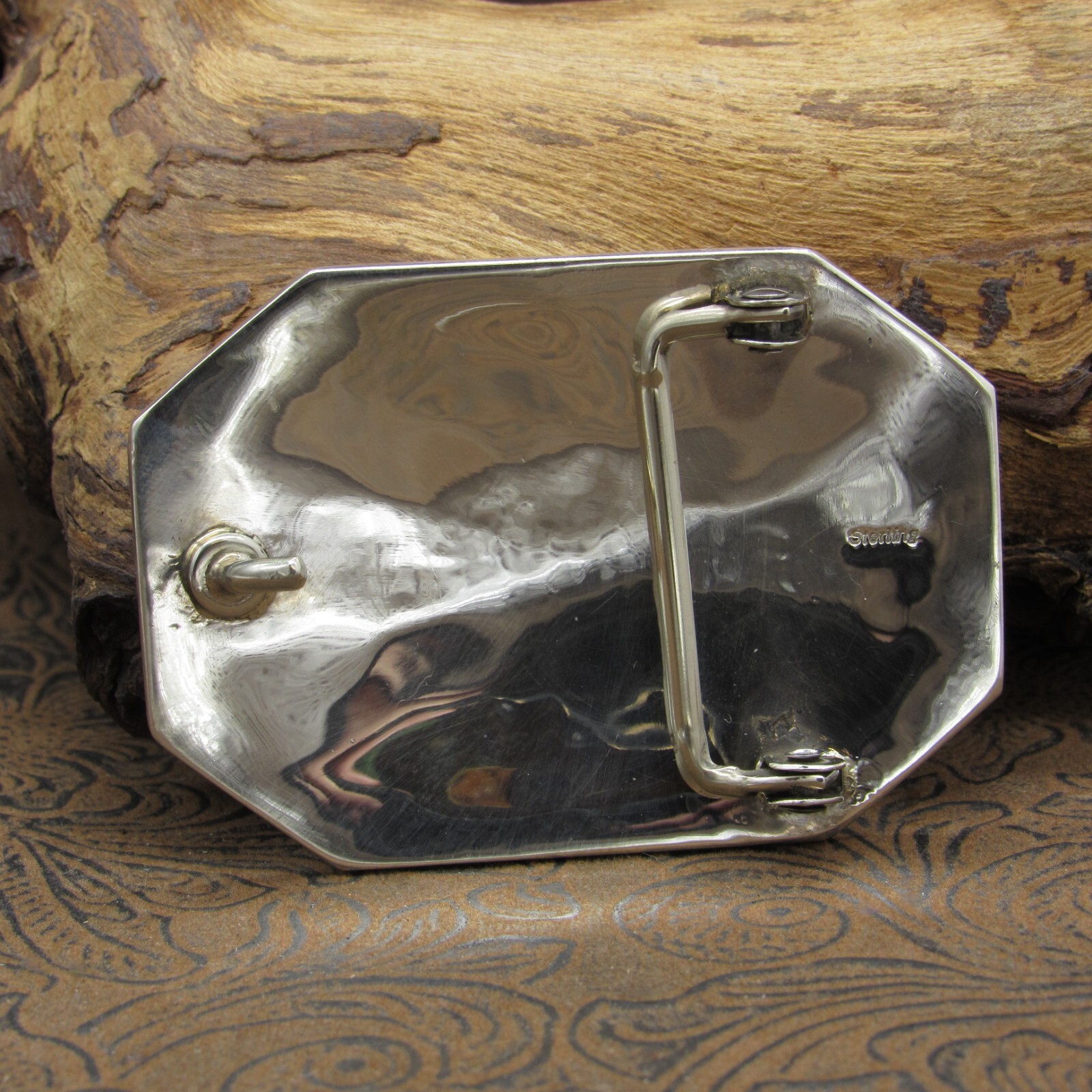 Long Oxidized Octagon-Shaped Sterling Silver Overlay Turquoise Belt Buckle
