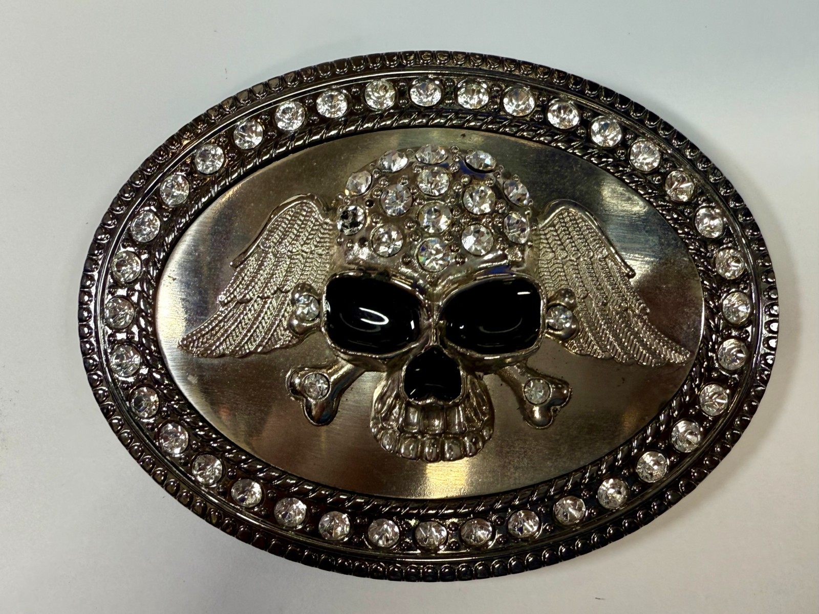 Skull Wings Crossbones with Clear Rhinestone Halloween Gothic LARGE Belt Buckle